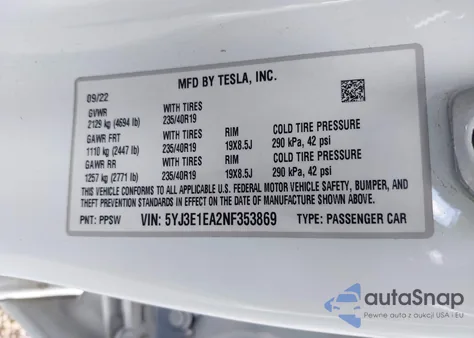 2022 Tesla Model 3 from USA, damaged, VIN 5YJ3E1EA2NF353869